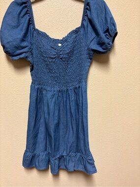 AUW Navy Blue Smocked Puff-Sleeve Casual Dress